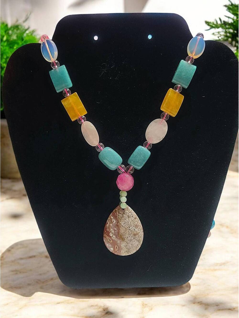 Multi-Color & Texture Bohemian Statement Necklace with Simulated Jasper Pendant